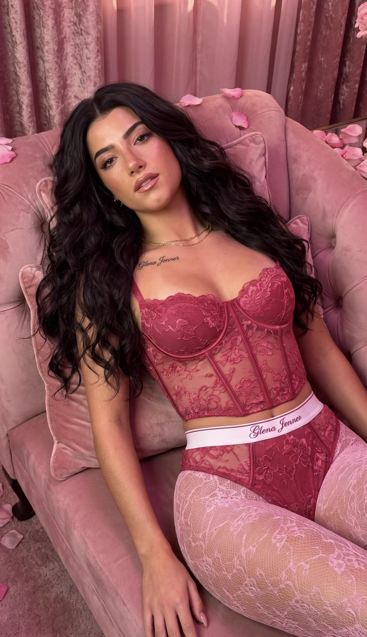 Reclining In Pink Chair Burgundy Lace Corset – Using the uploaded adult subject as the identity, recreate this photograp