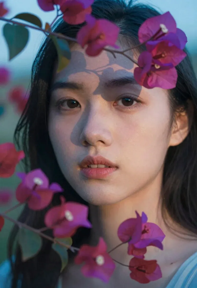 Double Exposure Portrait Woman With Ethereal Blue And Pink Floral