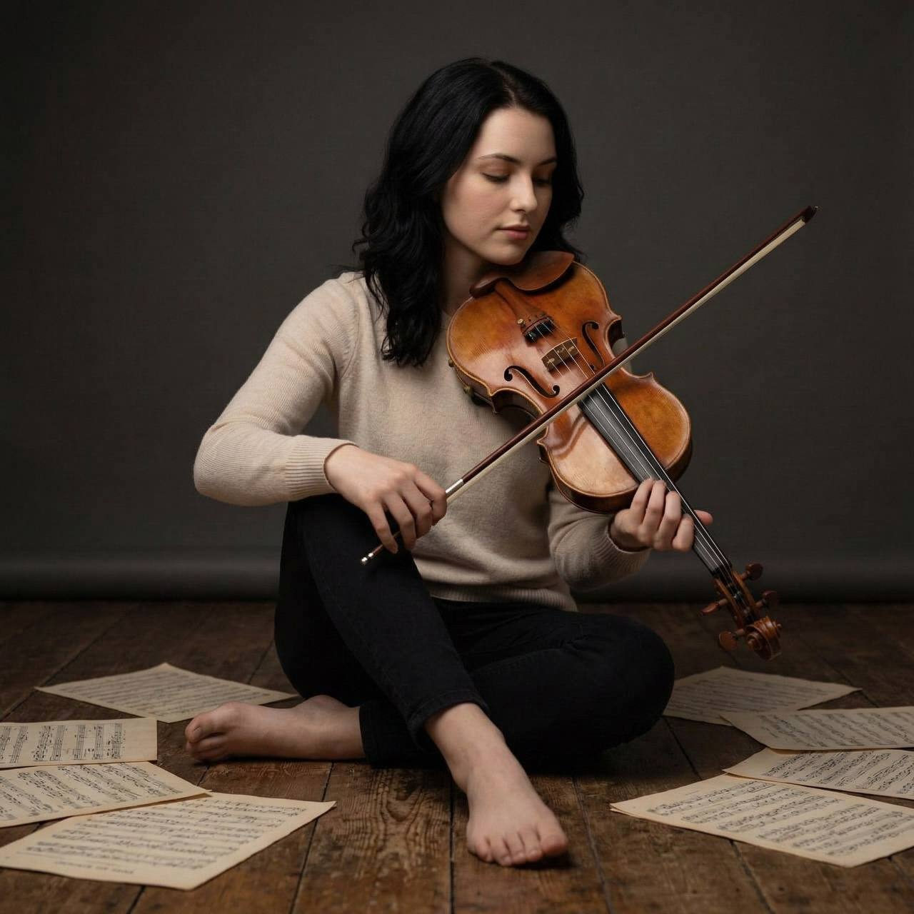 A violinist with long dark hair sits barefoot on a wooden floor, holding a violin in a pensive pose with scattered sheet music.