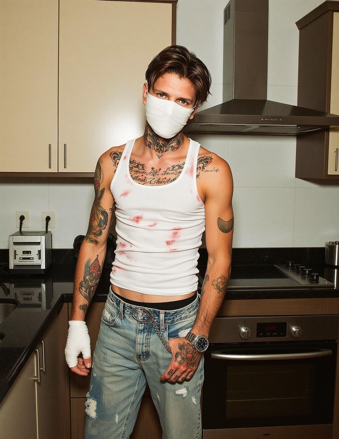 Man White Mask Neck Tattoos Black White