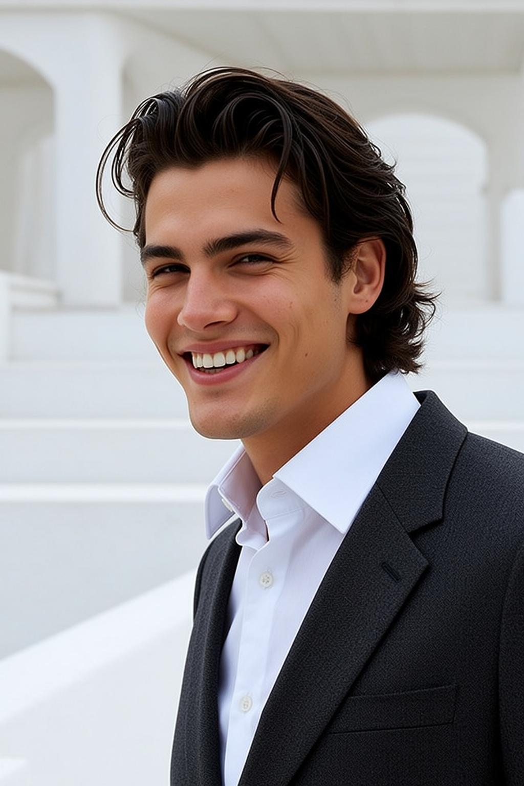 Grey Suit White Stair Smile