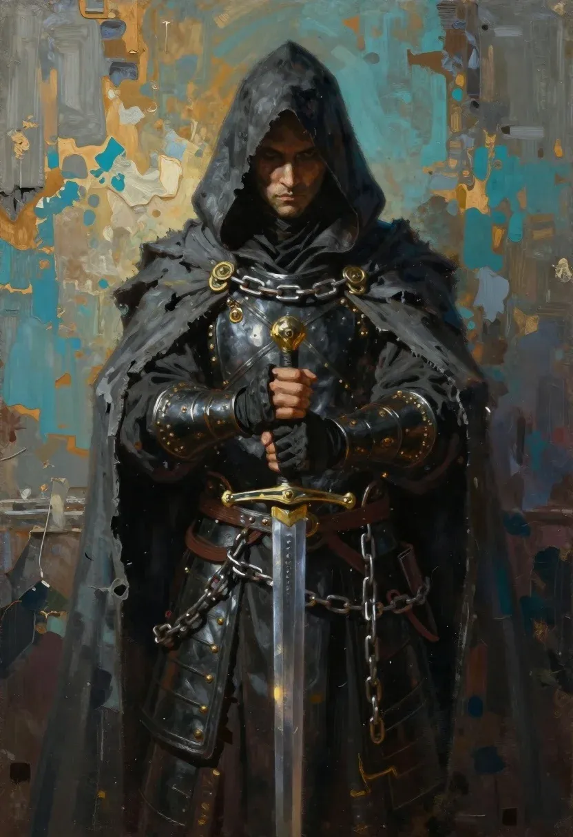 Digital Oil Painting Hooded Figure Dark Robes Standing Solemnly Against