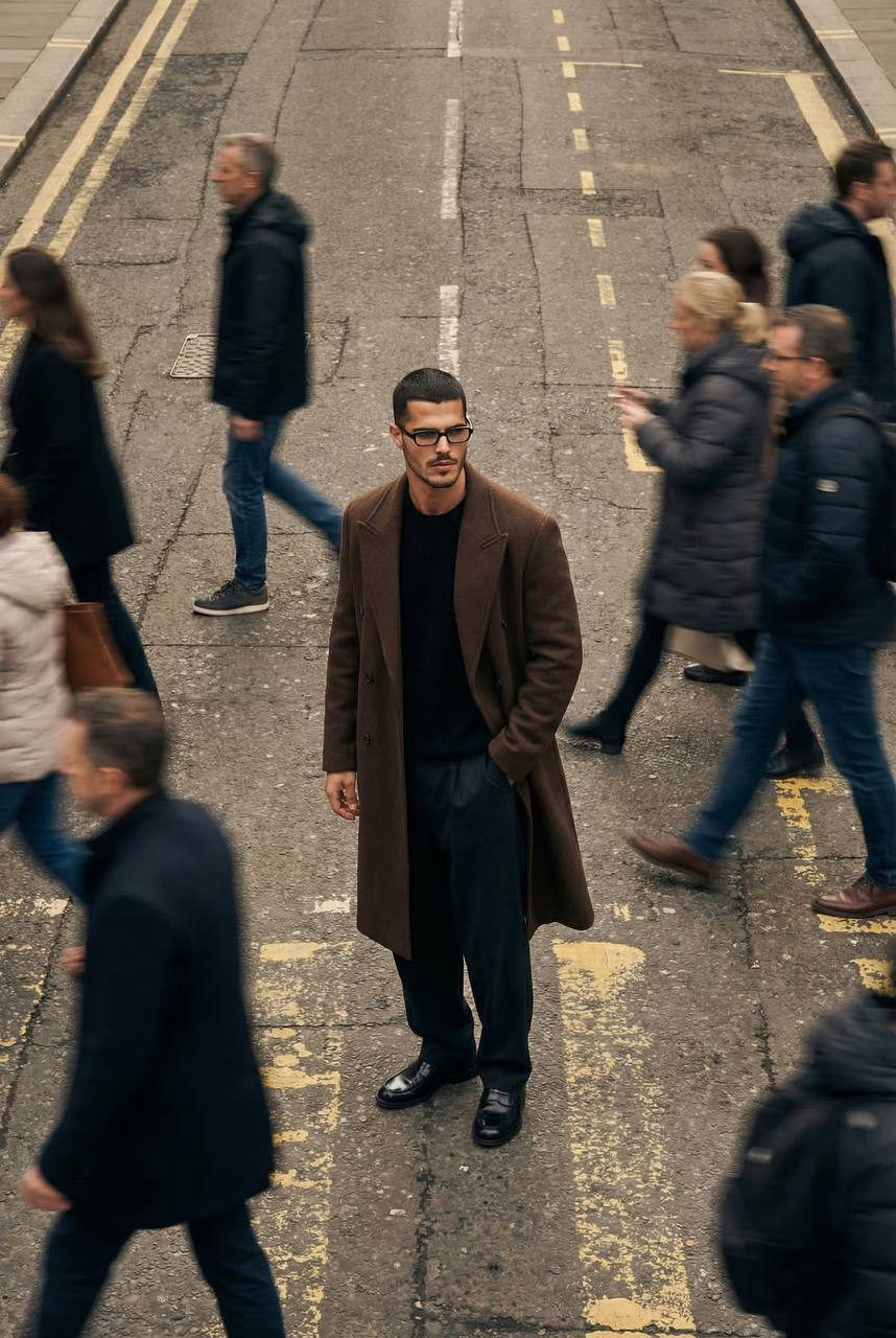 A man in a long dark brown overcoat stands alone in a busy city street, surrounded by blurred pedestrians.