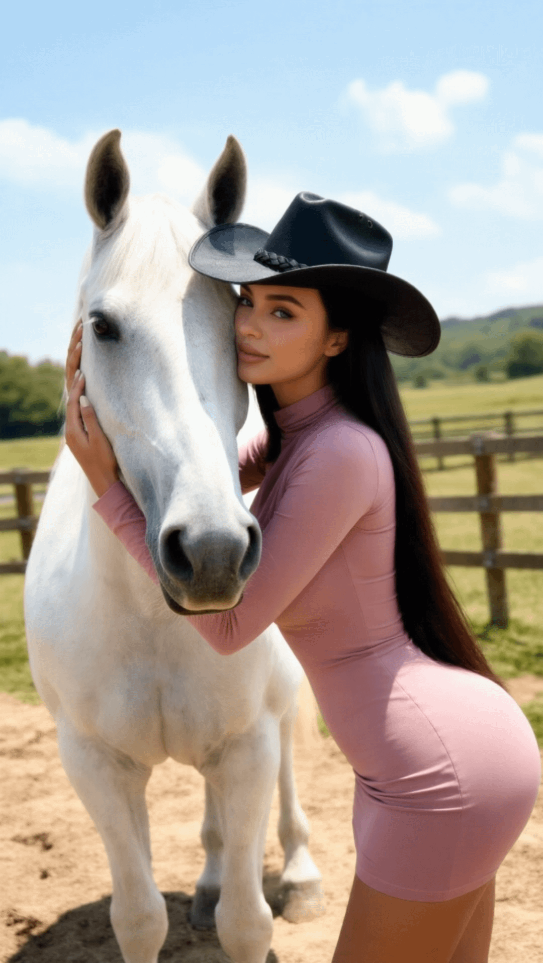 Person in dusty rose dress embracing a white horse in a sunlit grassy pasture.