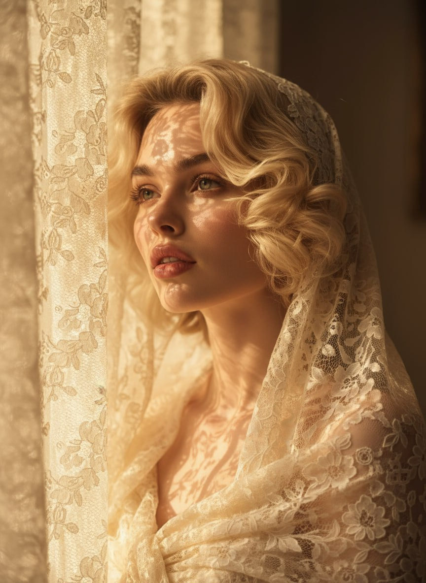 A warm, golden portrait of a user by a window with sunlight creating soft light patterns through a lace curtain.