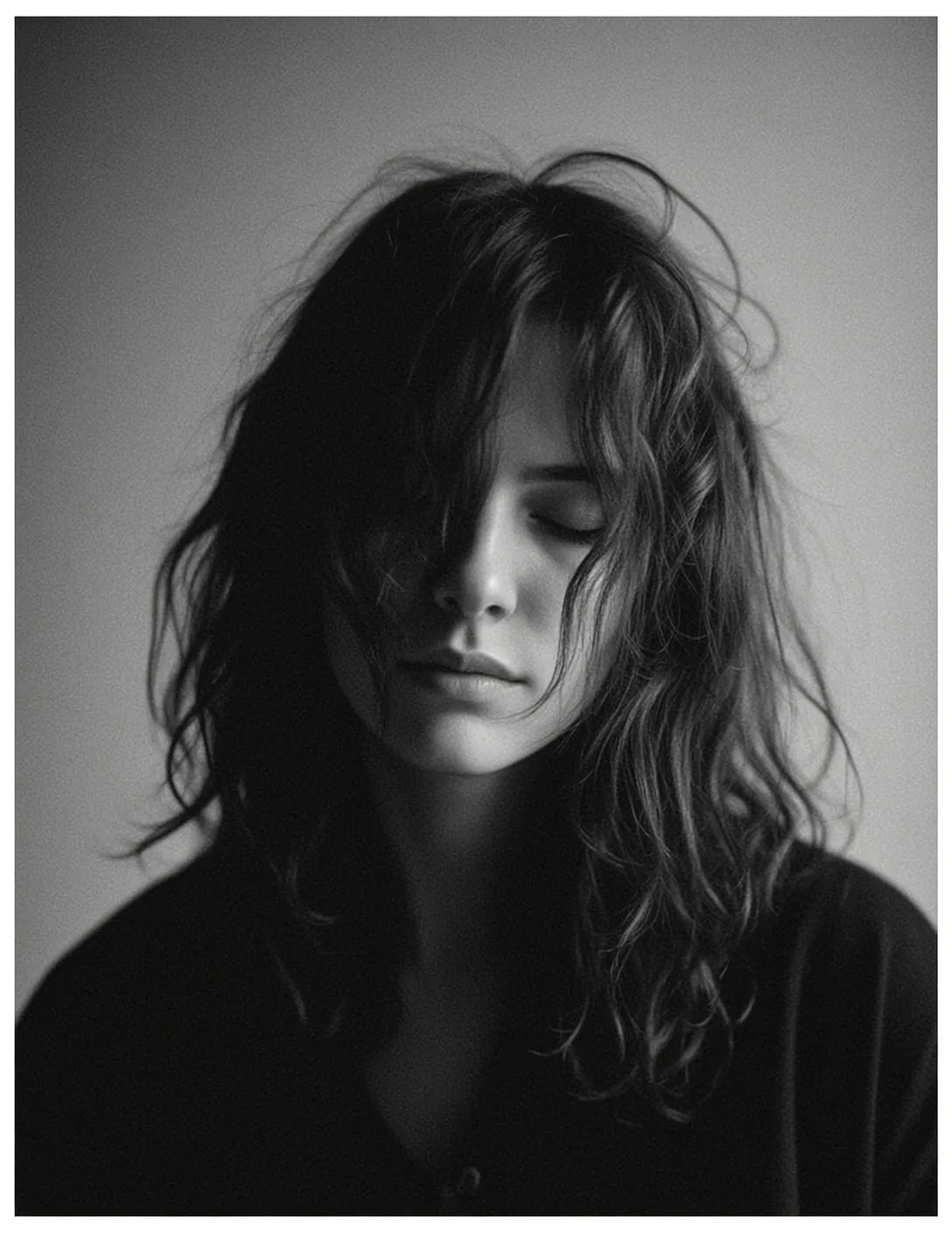 Black And White Medium Shot Portrait Young Woman With Her