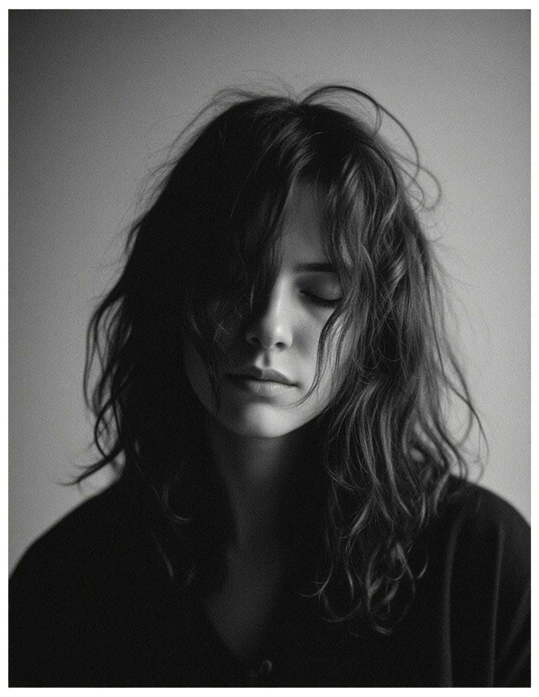 Black And White Medium Shot Portrait Young Woman With Her