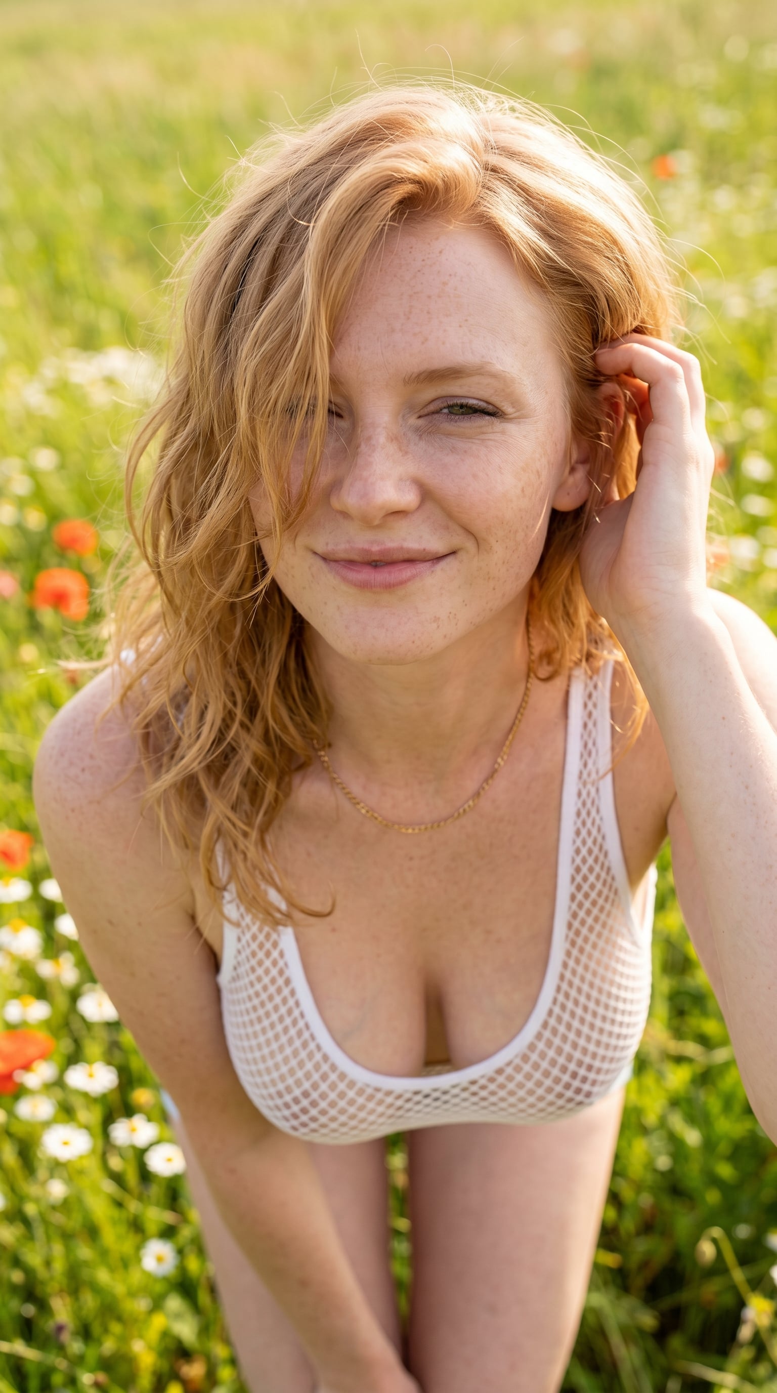 Face In Meadow With Daisies And Poppies