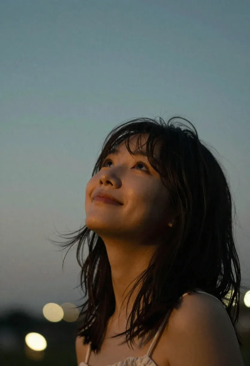Low-angle Portrait Young Woman Gazing Upward With Soft Smile Against