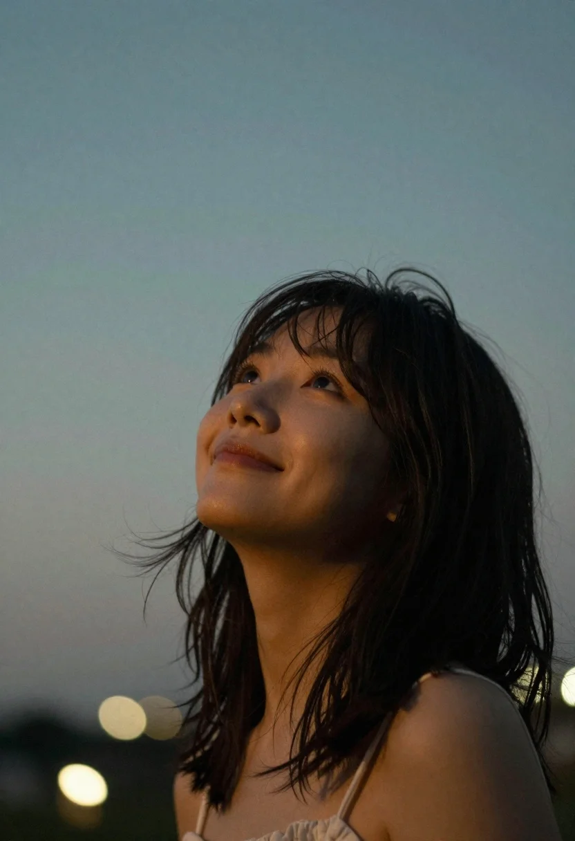 A low-angle portrait of a young woman gazing upward with a soft smile, set against a dusky sky and glowing bokeh lights.