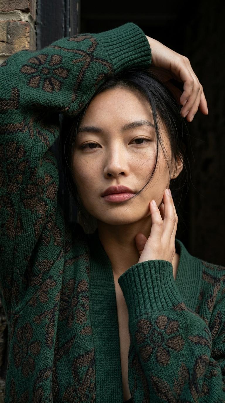 Dark Doorway Green Patterned Garment Extreme Close