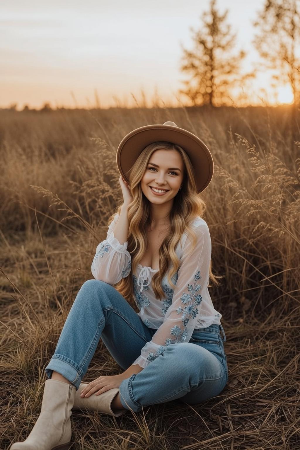 Explore Seated Outdoors Field Dry Grass Leaning