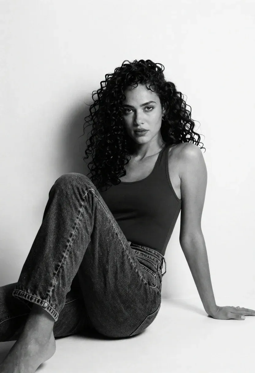Woman With Voluminous Curly Hair Sits Against Plain White Wall