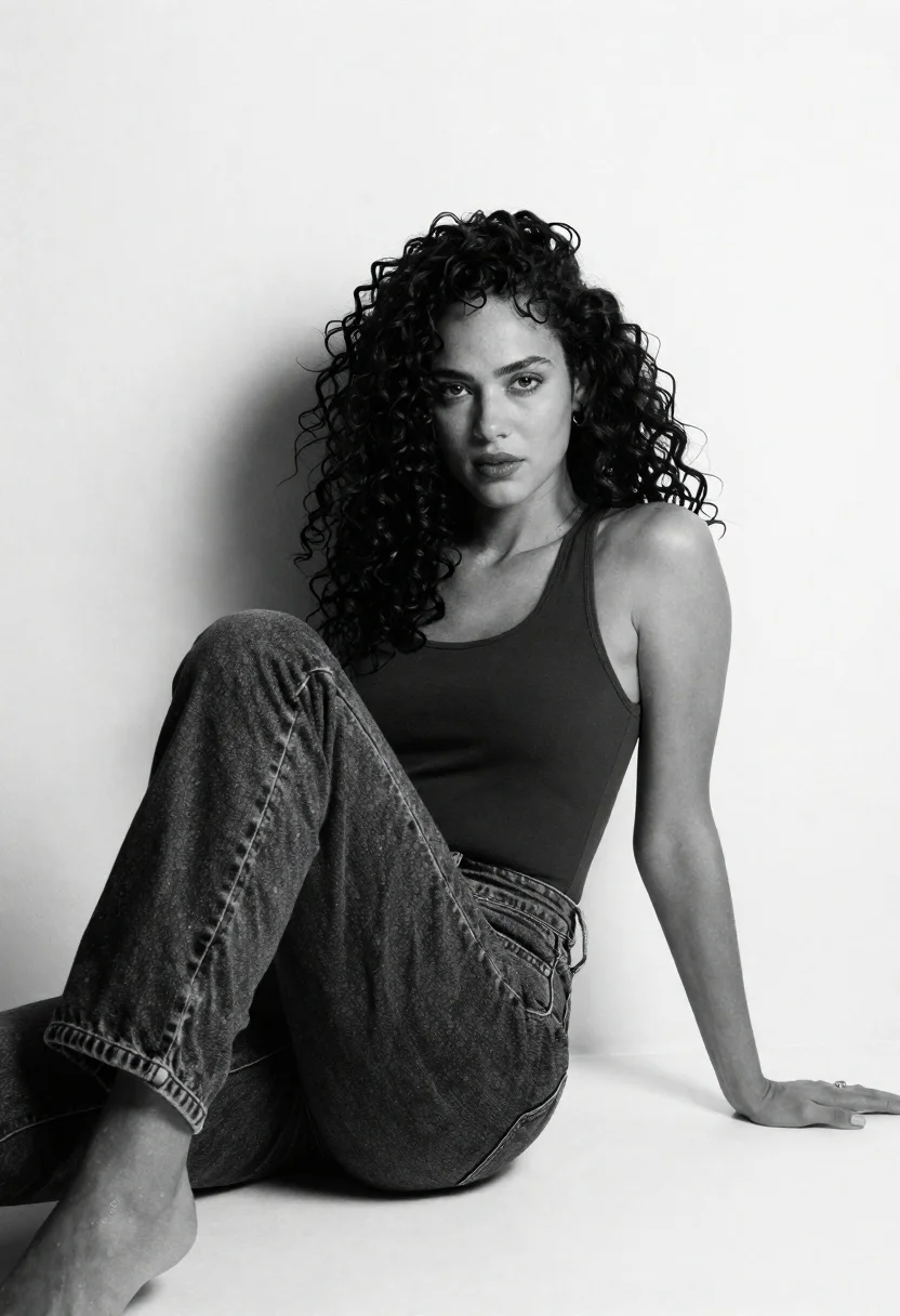 Woman With Voluminous Curly Hair Sits Against Plain White Wall reference photo