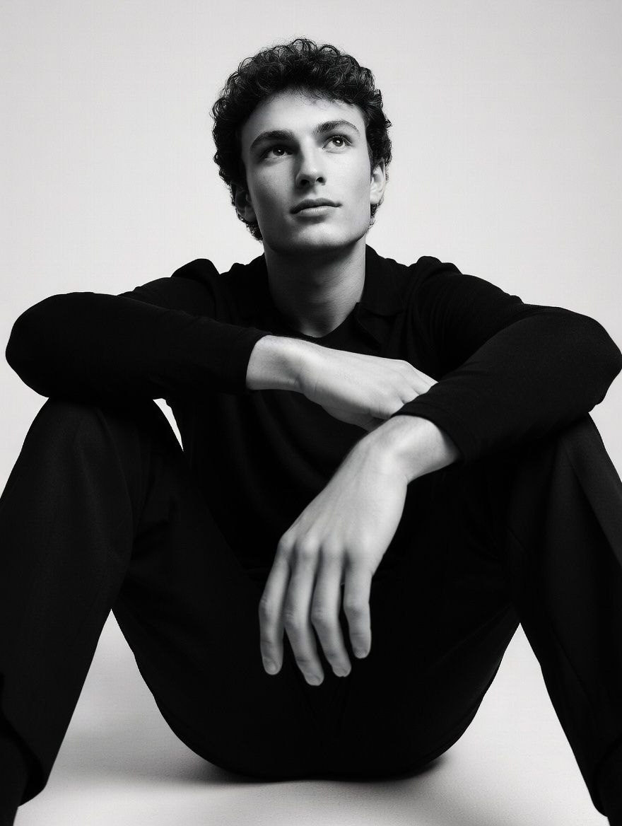 High-contrast black and white portrait of a person sitting with knees pressed to chest, arms relaxed, shot from a low angle.