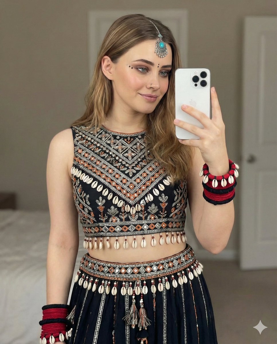 Young woman with light skin tone and long wavy dark brown hair taking a mirror selfie in a stylish bohemian outfit.