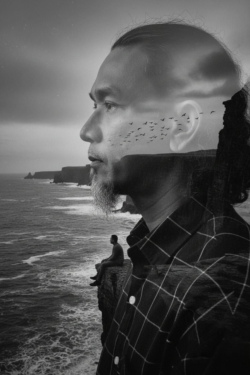 A cinematic black-and-white double exposure portrait of a man with long, wavy hair blended with a coastal cliff scene.
