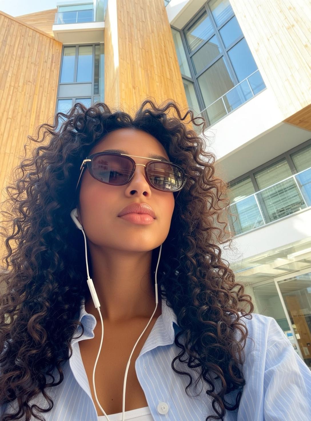 Woman Sunglasses Earbuds Blue Pinstripe Shirt