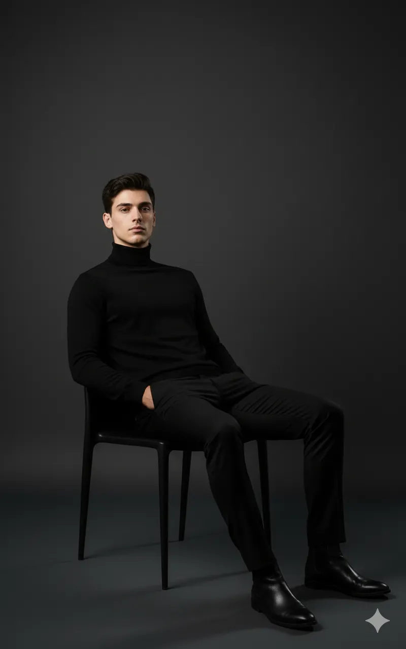 A model in a black turtleneck stands confidently in a dark studio, with one hand in pocket and chin raised, dramatic side lighting enhancing facial features.