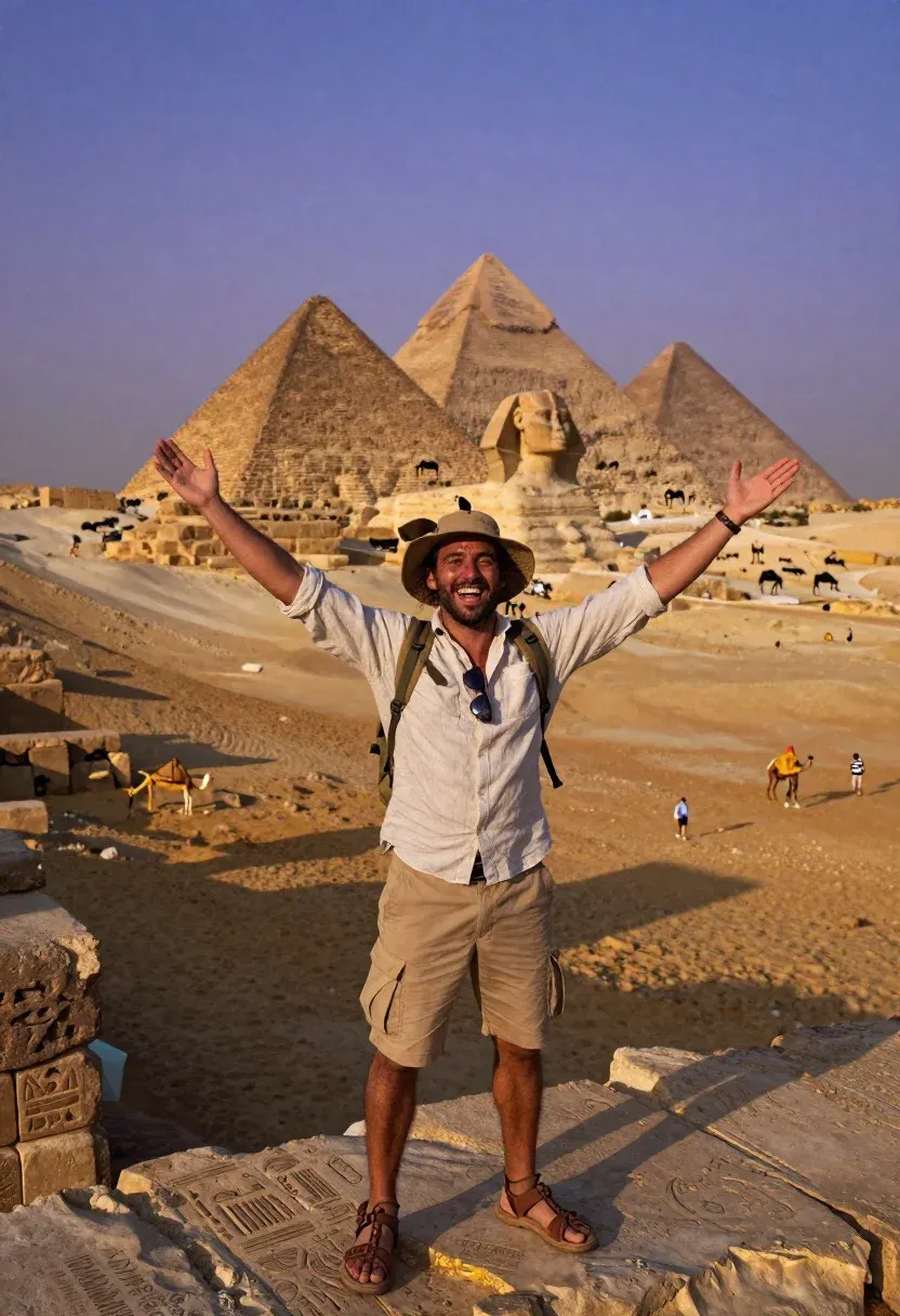Ethereal Desert Pyramid Selfie Scene Exhilarated Tourist Man Exploring Egypt
