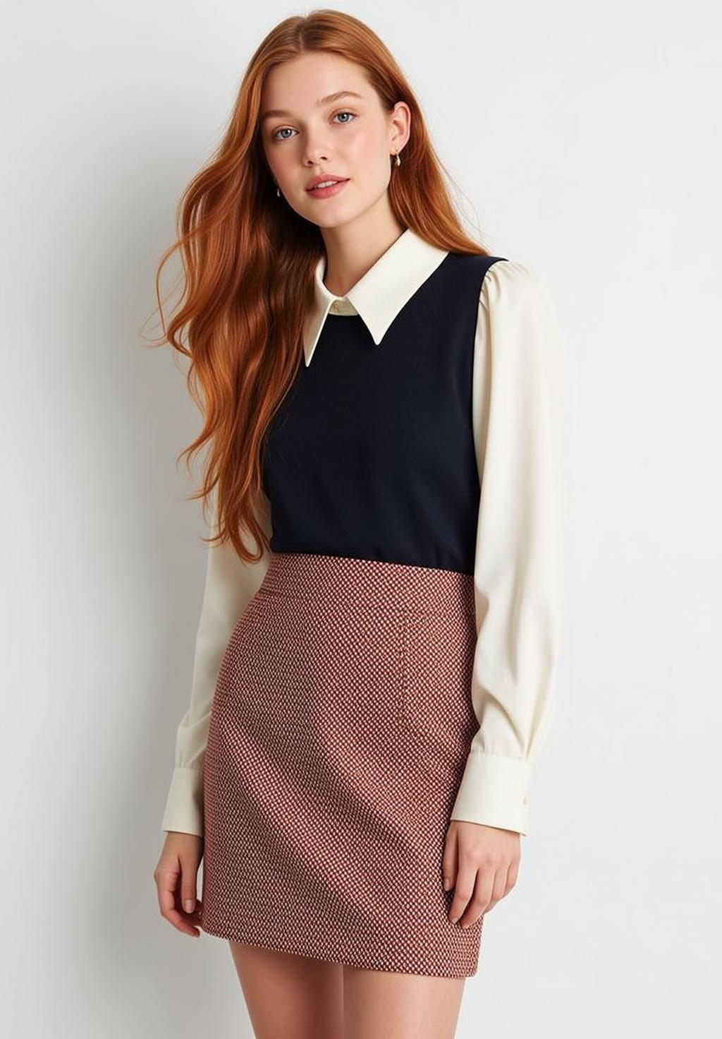 Red Hair Woman Cream Vest Mini Skirt Studio
