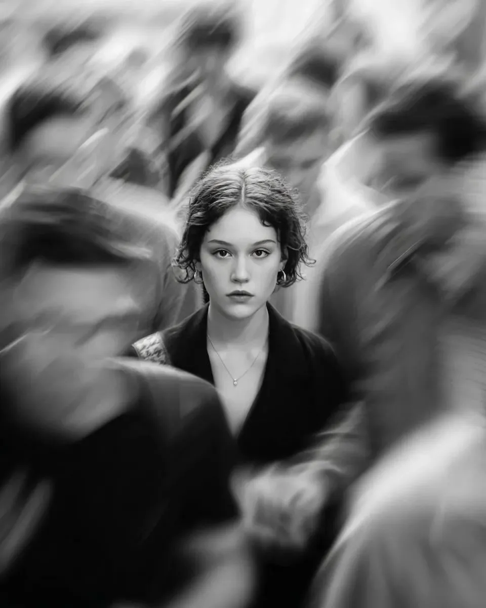 Model Standing Still In Blurred Commuter Crowd Black And White