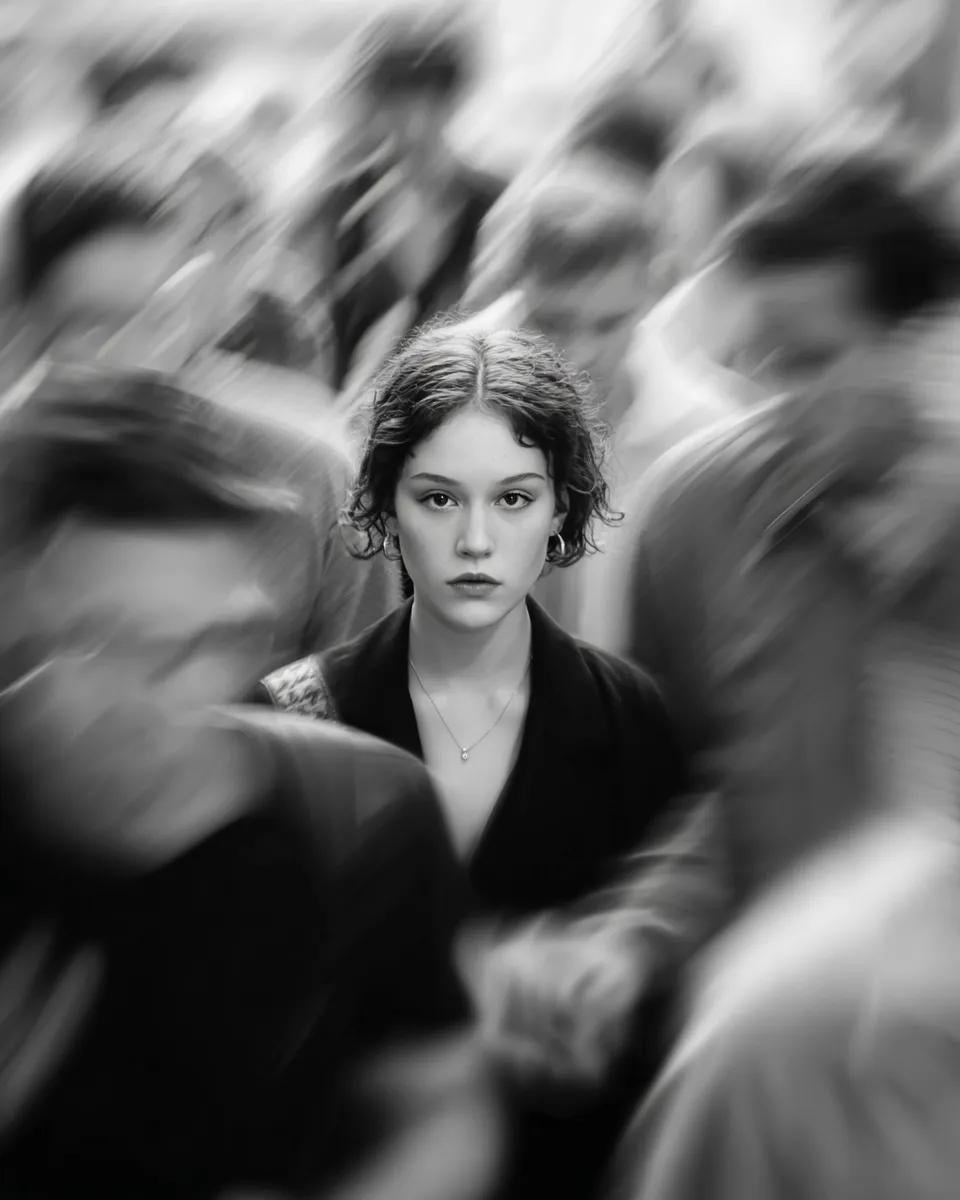 Model Standing Still In Blurred Commuter Crowd Black And White