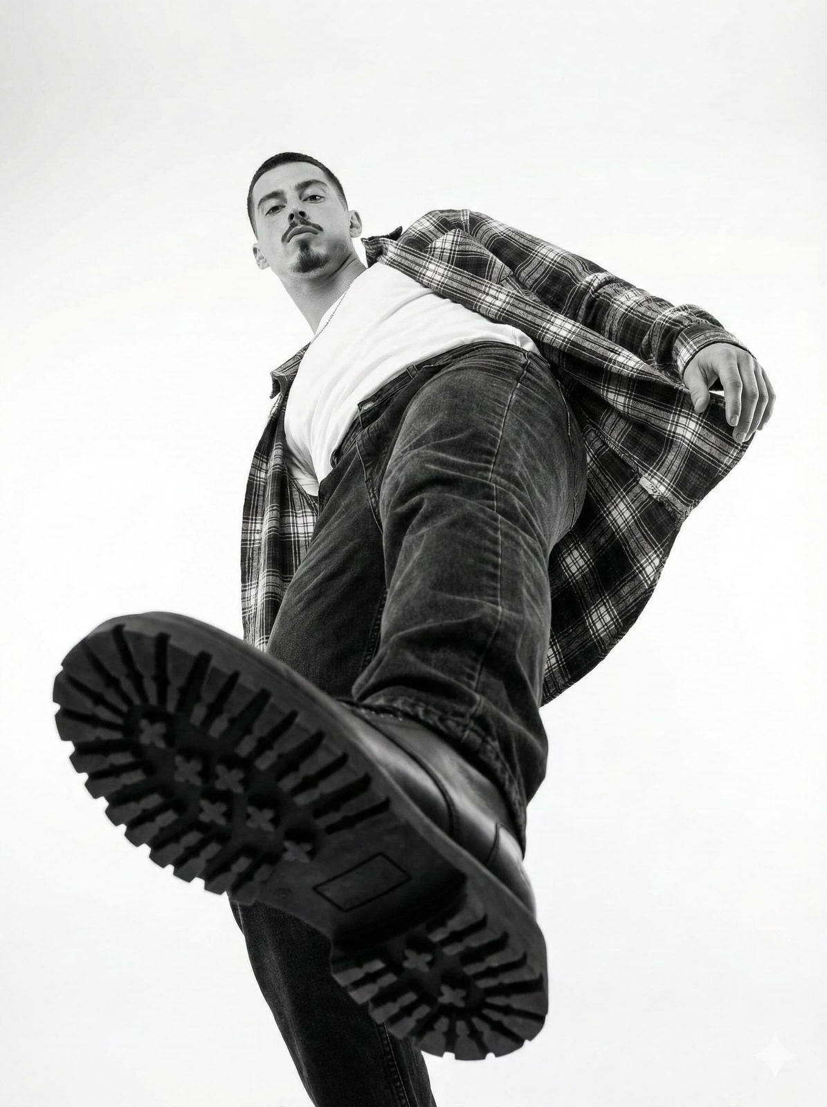 Imposing low-angle shot showcasing a rugged boot sole above the camera, emphasizing bold fashion and dynamic pose.