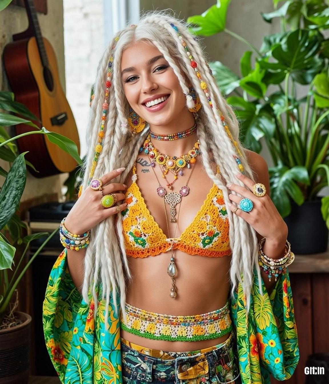 Indie Young Long White Dreadlocks Colorful Beads