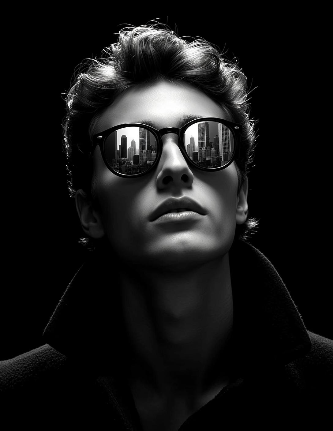 Photorealistic Black And White Portrait Young Man Looking Upwards With