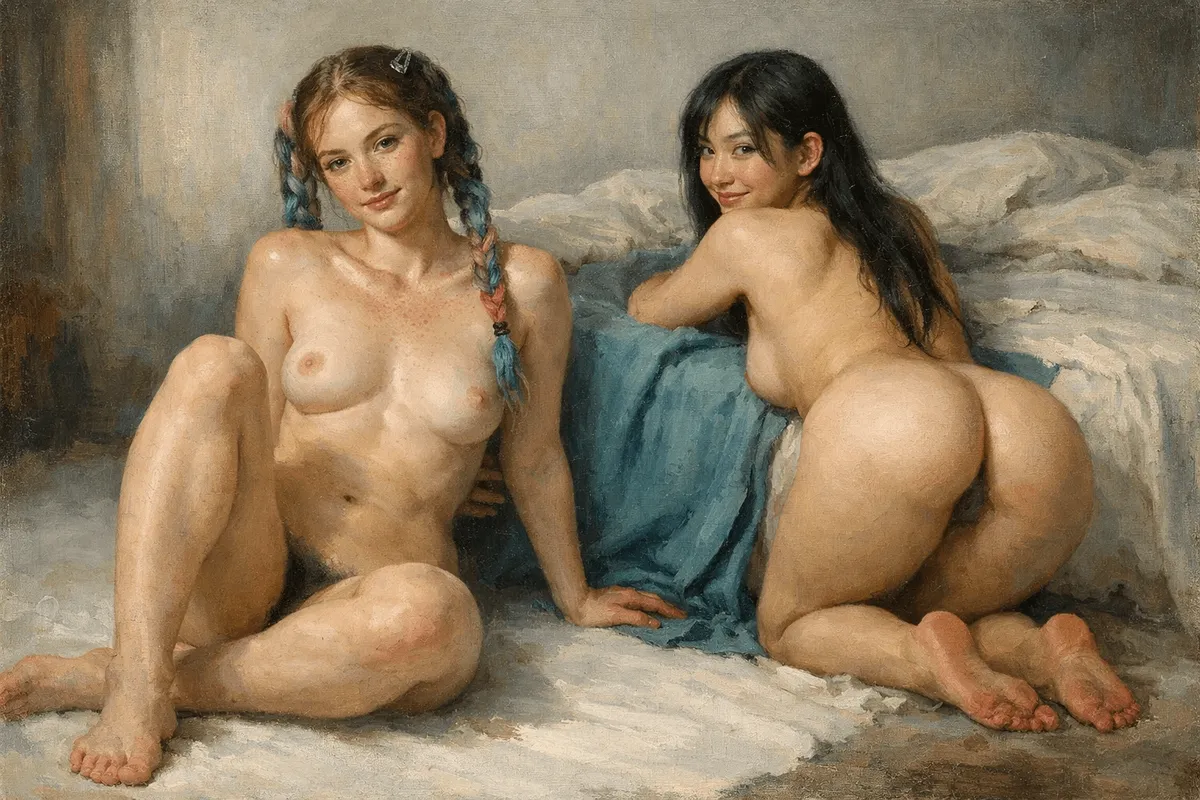 Nude Study Oil Painting Seated On White Floor