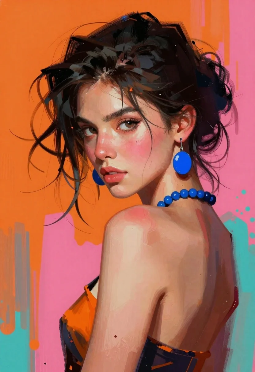 Digital Painting Woman Over-the-shoulder Pose With Expressive Facial Features And reference photo