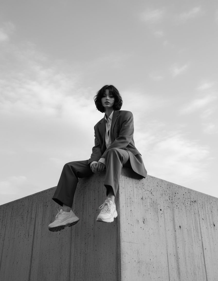 A person sitting on a concrete block, relaxed pose, leaning slightly forward, silhouetted against a soft cloudy sky.