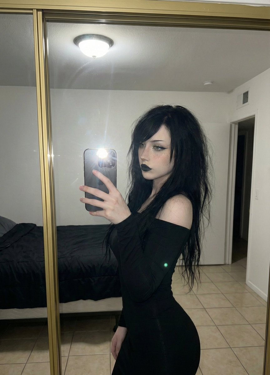 Young woman with pale skin and dark makeup taking a selfie in a bedroom mirror, dressed in a black bodycon dress.