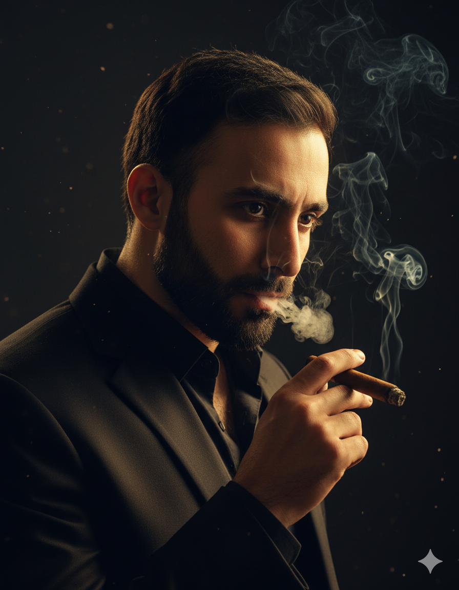 A cinematic portrait of a man in a charcoal suit, holding a cigar, with an intense gaze and swirling smoke around his face.
