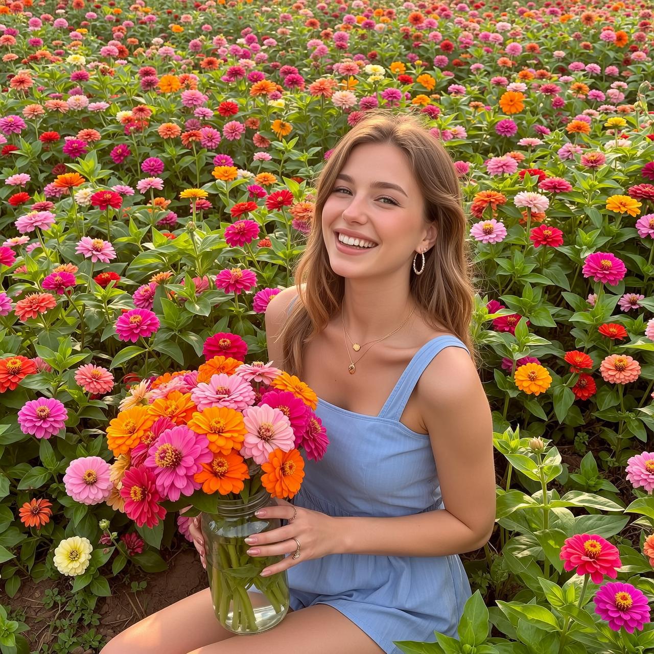 Explore Young Kneeling Vibrant Field Zinnias Holding