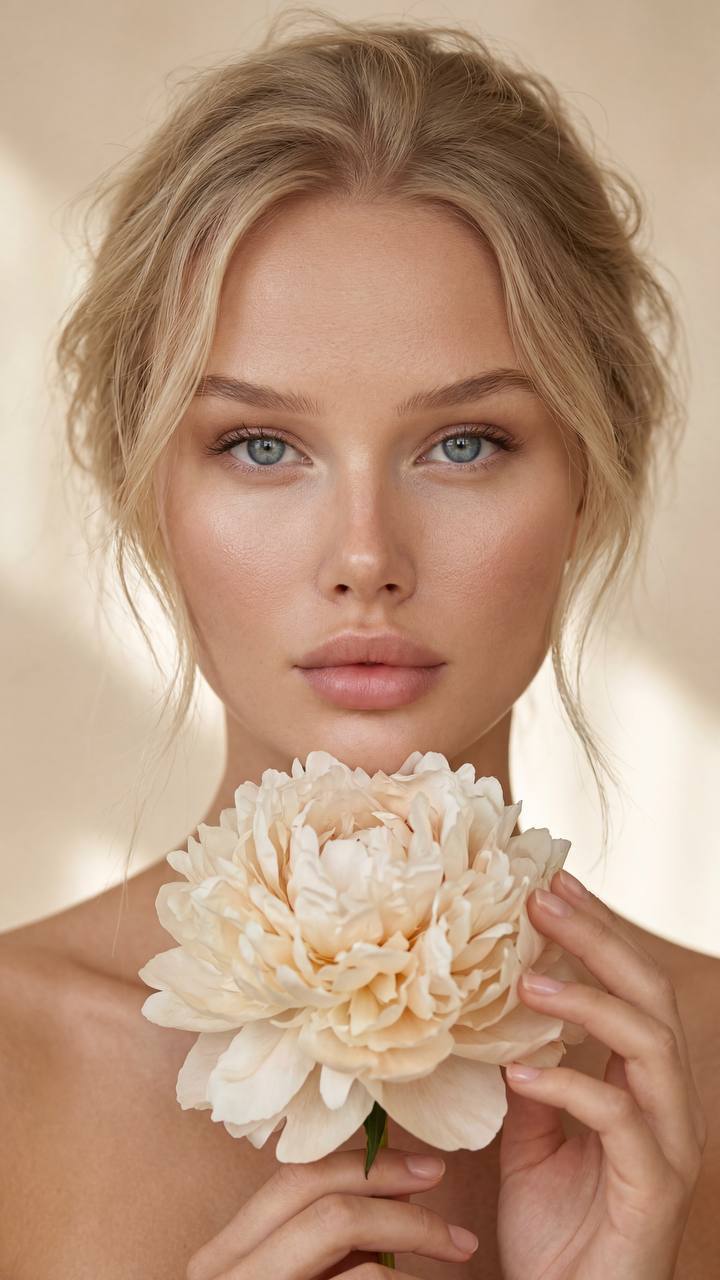A close-up of a model with loose voluminous hair holding a light flower near her chin, featuring creamy petals and soft, natural textures.
