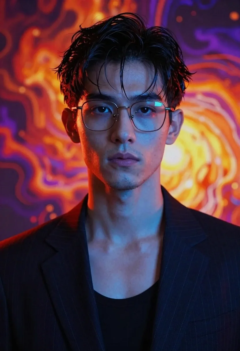 Close-up Portrait Young Man With Dark Wet-looking Hair And Rimmed