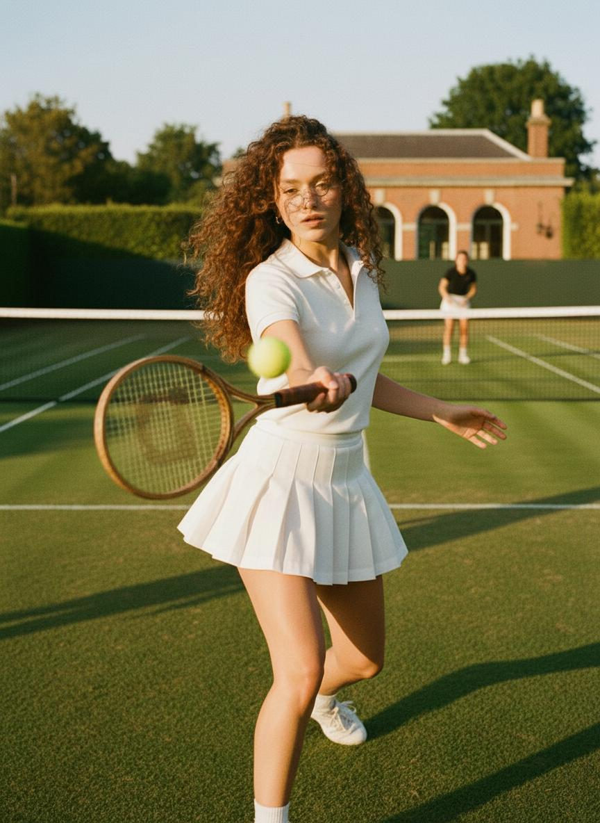 A young woman in a white tennis outfit swings a wooden racket on a grass court during golden hour, with a partner in the background.
