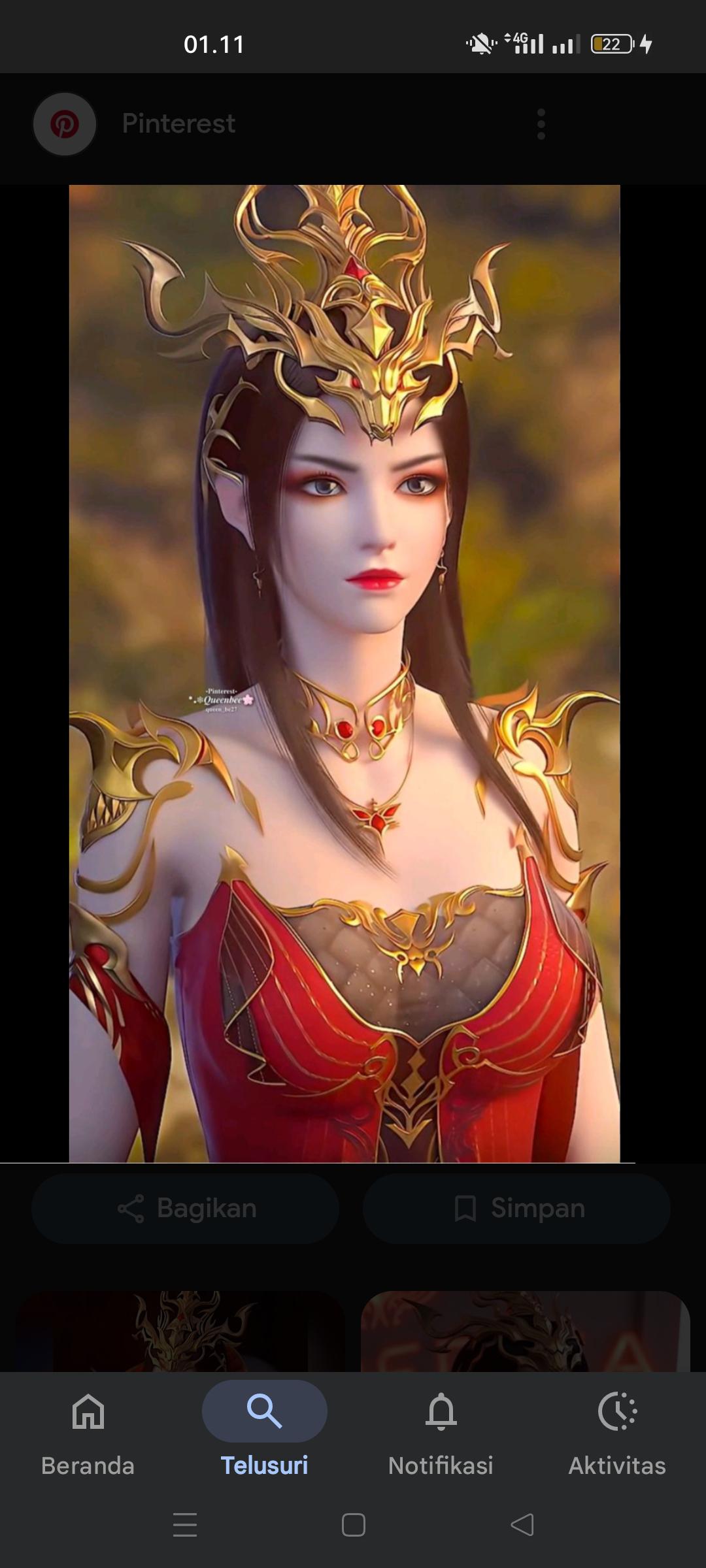 Regal Fantasy Character Golden Headpiece Red Gown