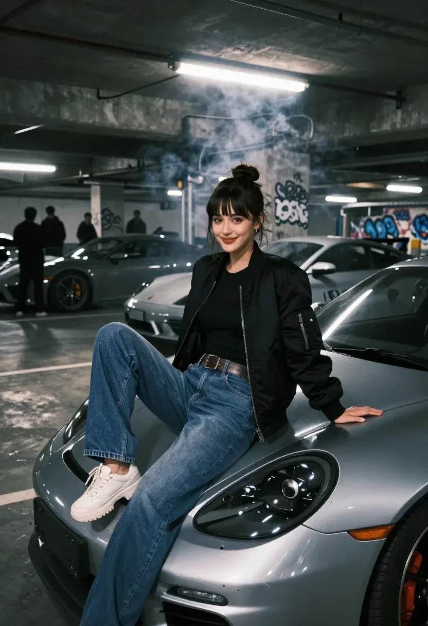Confident Young Woman With Dark Hair Tied Bun Sits The