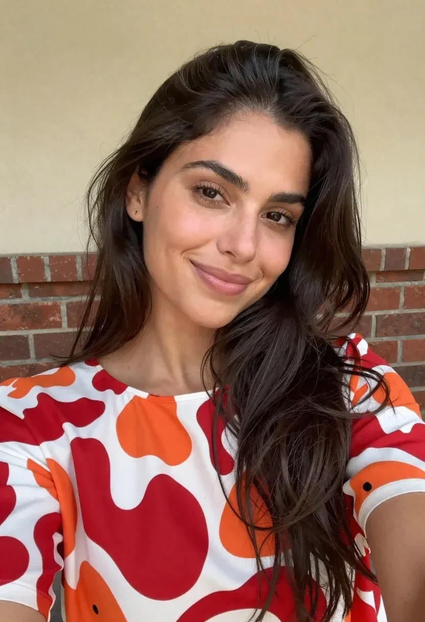 Close-up Selfie Woman With Long Dark Hair And Warm Smile