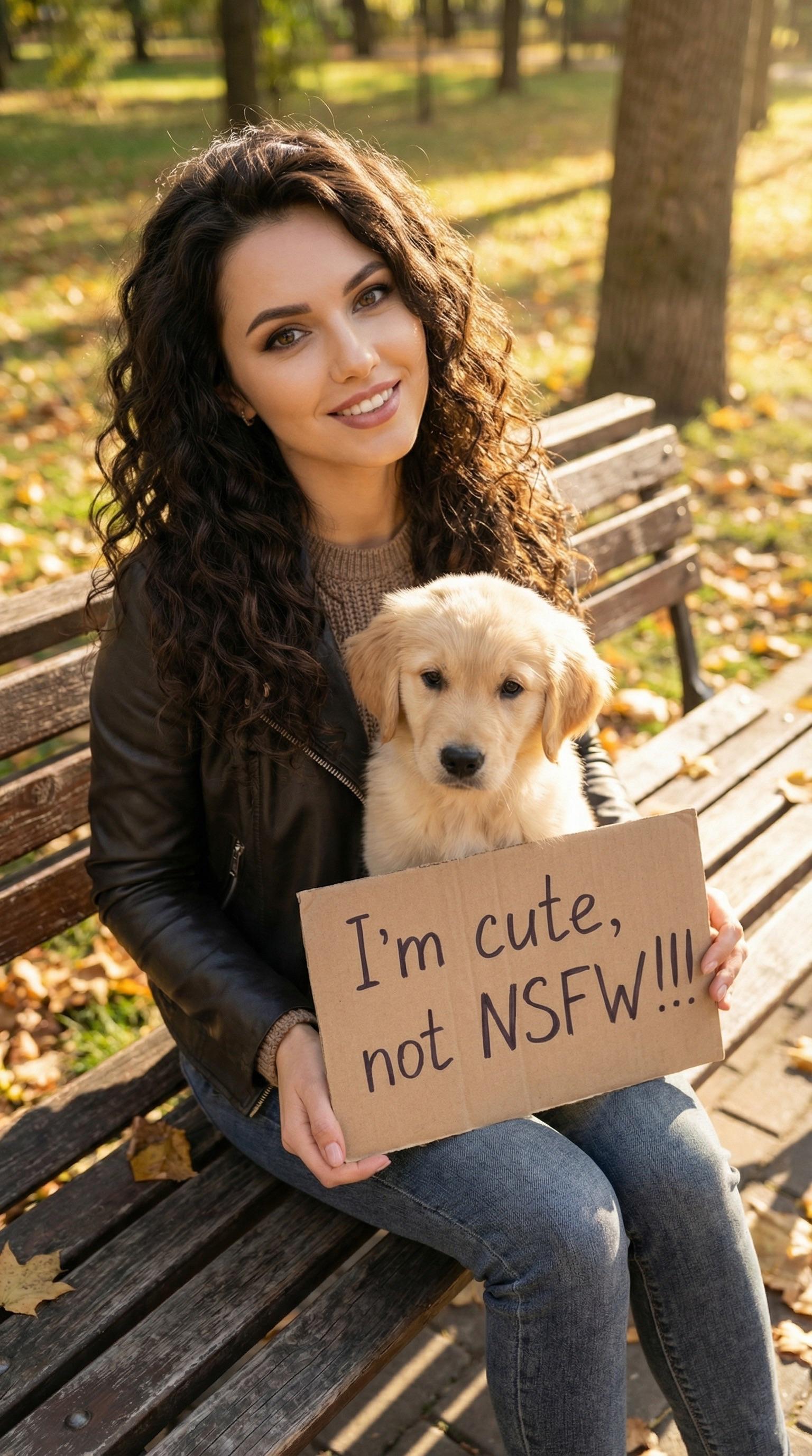 Autumn Park Bench With Golden Retriever Puppy