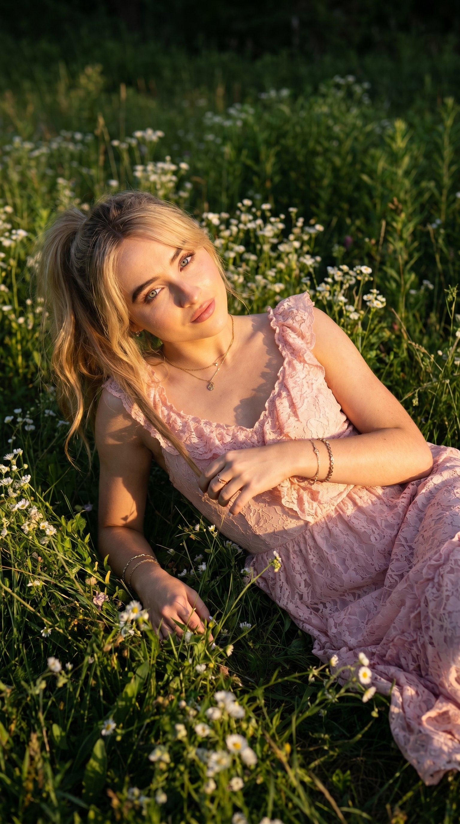 Girl In Pink Lace Dress Field Wildflowers Grass