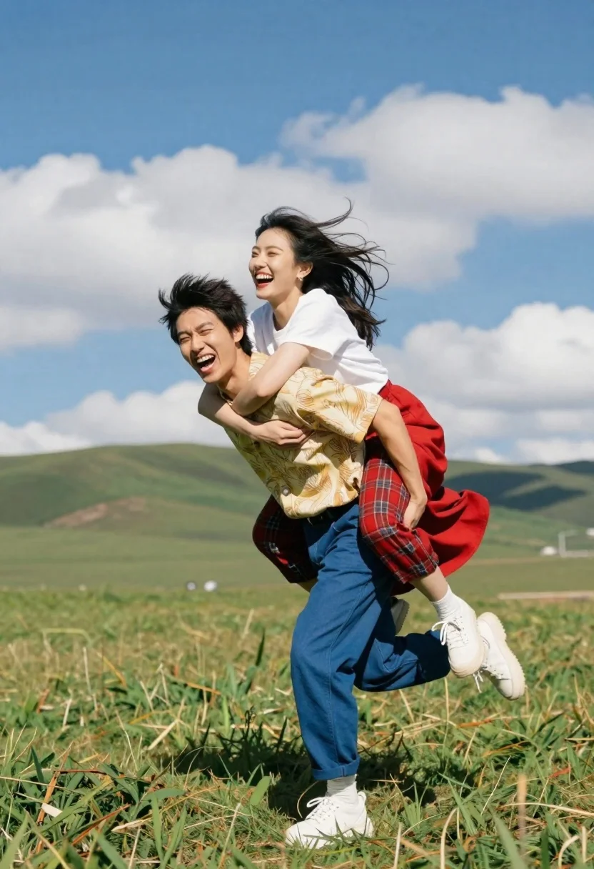 Vibrant Snapshot Two Friends Running Through Grassy Field With Pure reference photo