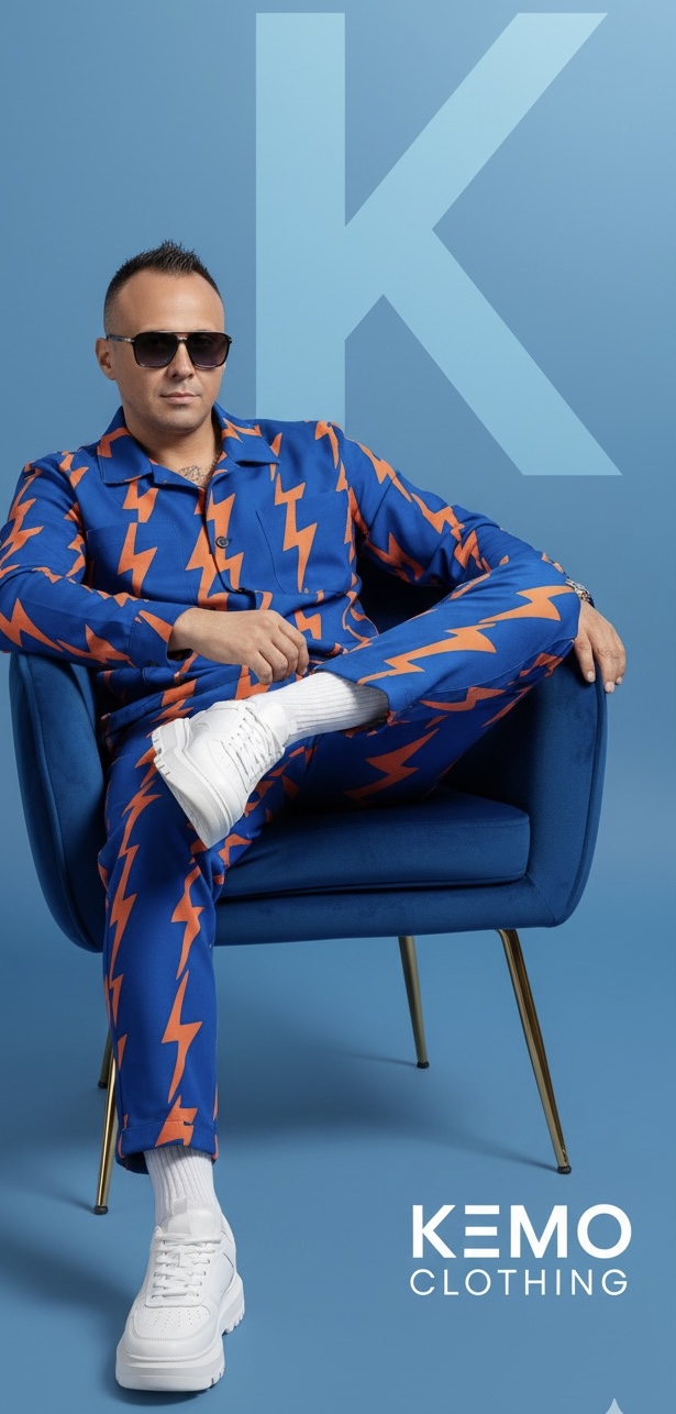 Stylish man in cobalt blue outfit with orange patterns on a royal blue armchair, showcasing a modern fashion advertisement.