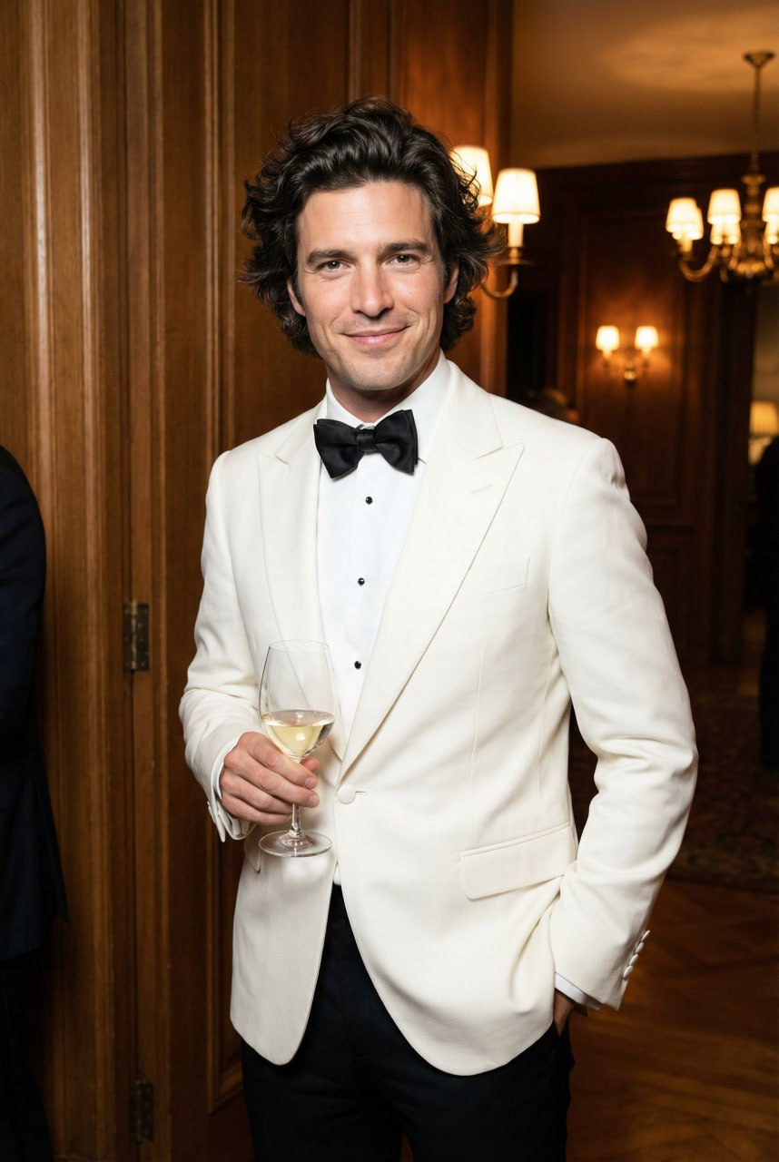 A man in a white tuxedo holding a glass of wine, exuding elegance in a classic club interior.