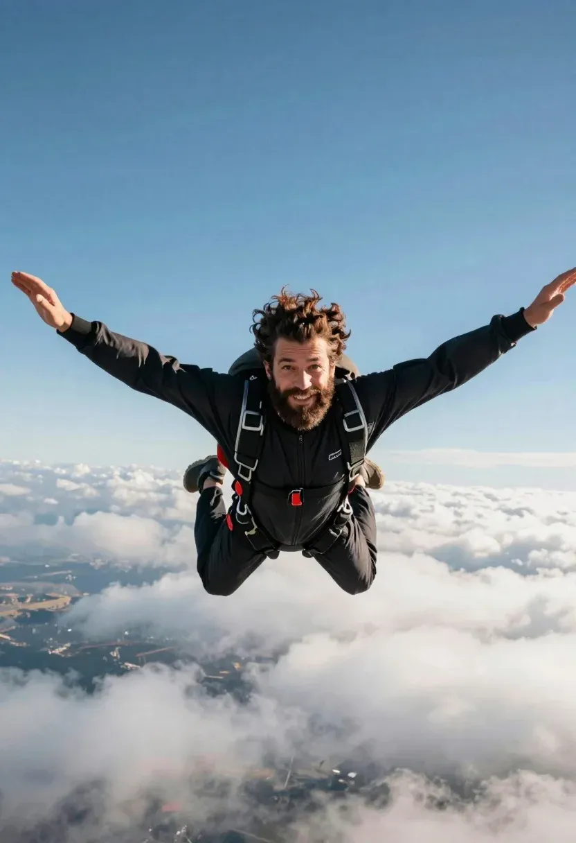 Man With Beard And Curly Hair Skydiving Freefall Against Backdrop