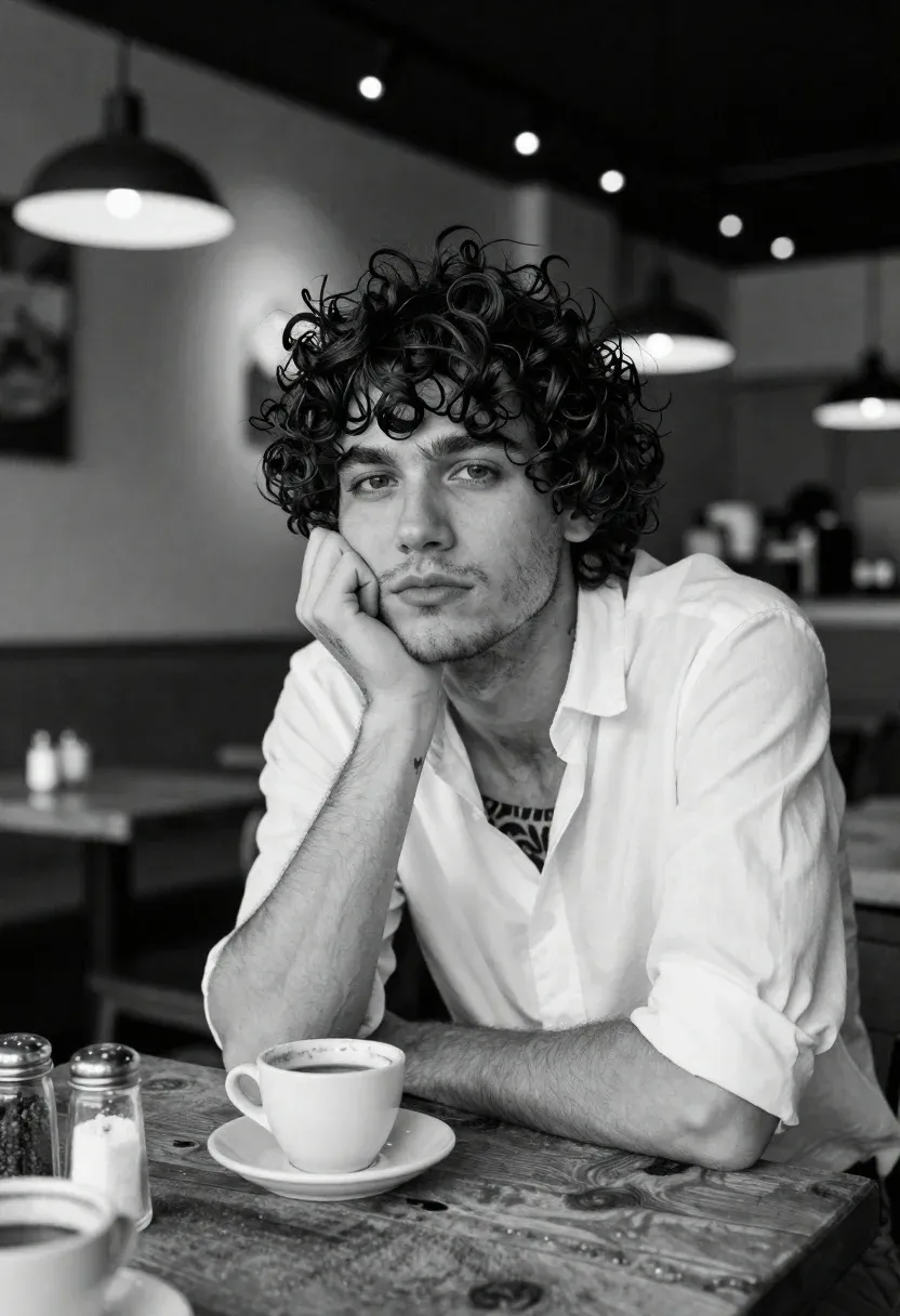 Contemplative Young Man With Tousled Dark Curly Hair Rests His