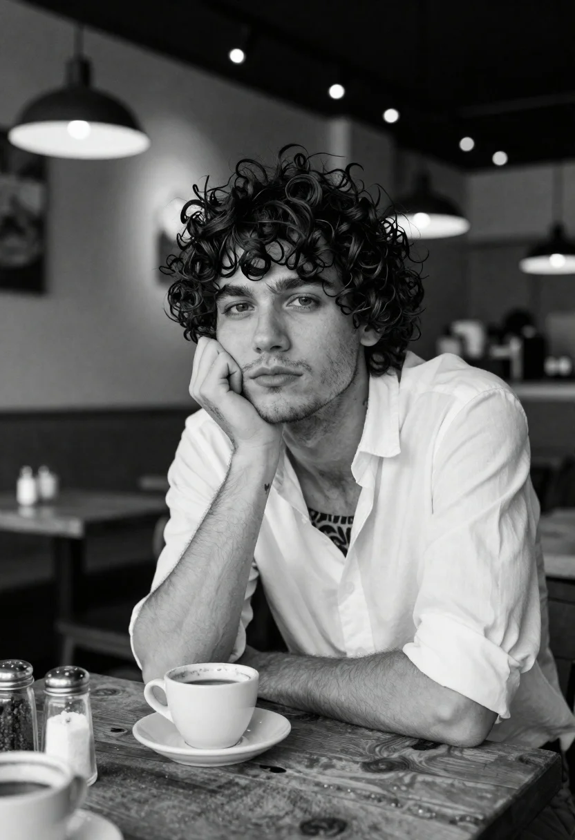 Contemplative Young Man With Tousled Dark Curly Hair Rests His